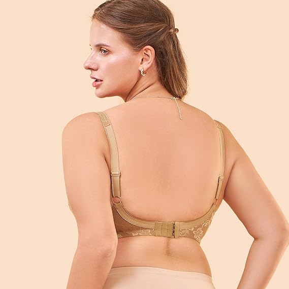 Enamor F135 Plunge Neck Power Jacquard Lift Cotton-Rich Minimizer Bra – Everyday Full Support, Non-Padded, Wirefree, High Coverage
